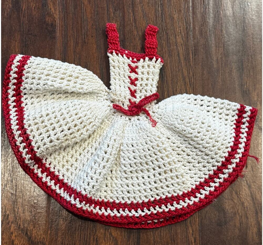 Vintage Handmade Crochet Barbie Doll Dress Gown Red White Ruffled Skirt